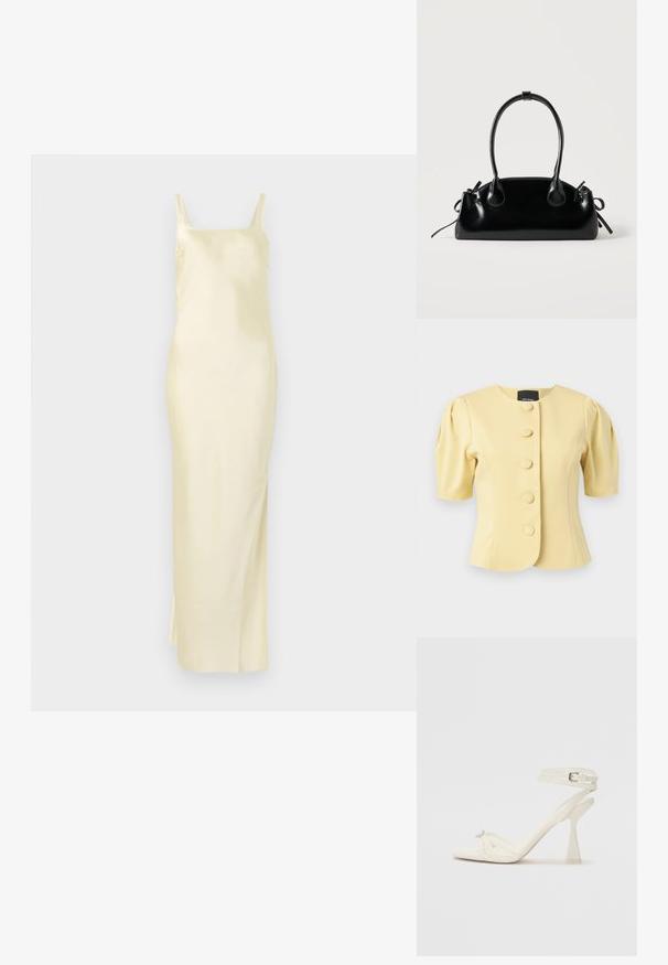 Chaqueta de manga corta amarillo pálido con cuello redondo, cinco botones cubiertos en la parte delantera y hombros ligeramente abullonados.; Vestido de satén amarillo con silueta recta, tirantes finos y abertura lateral para mayor facilidad de movimiento. Textura suave y diseño minimalista.; Sandalía de tacón alto con tiras en cuero blanco, con un diseño elegante, un tacón bloque transparente y un elemento decorativo en la punta.; Pequeño bolso negro brillante con dos asas largas y detalles de cordón lateral sobre un fondo claro liso.