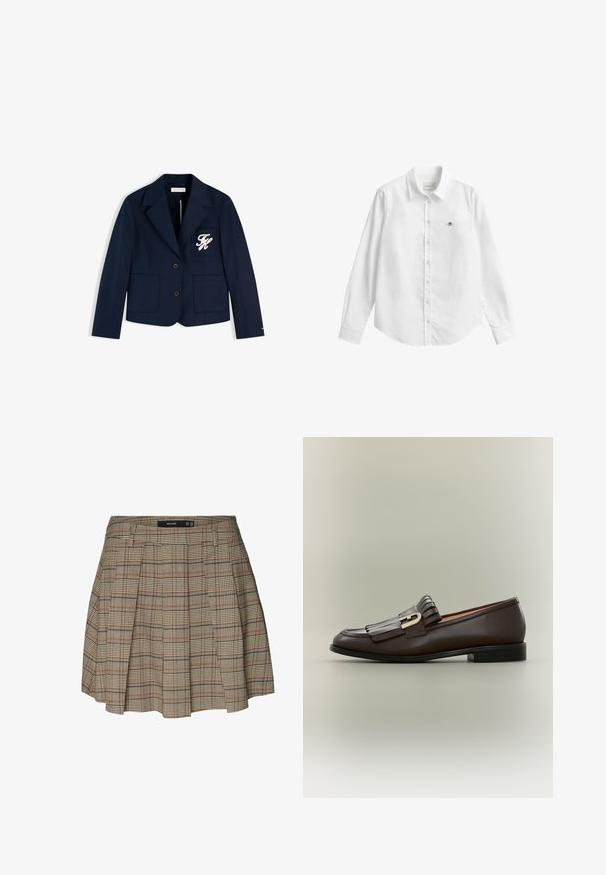 Mørkeblå blazer med to forlommer, to knapper og hvide broderede initialer på venstre brystlomme.; Hvid skjorte med lange ærmer og knapper lavet af stof med en let tekstur. Har en frontlomme med en lille broderet logo og en klassisk krave.; Vero Moda VMELLIE Mid waist Mini - A-snit nederdel - silver mink; Mørkebrune læderloafer med frynsedetalje og guldbeslag på en neutral baggrund, sidevisning.