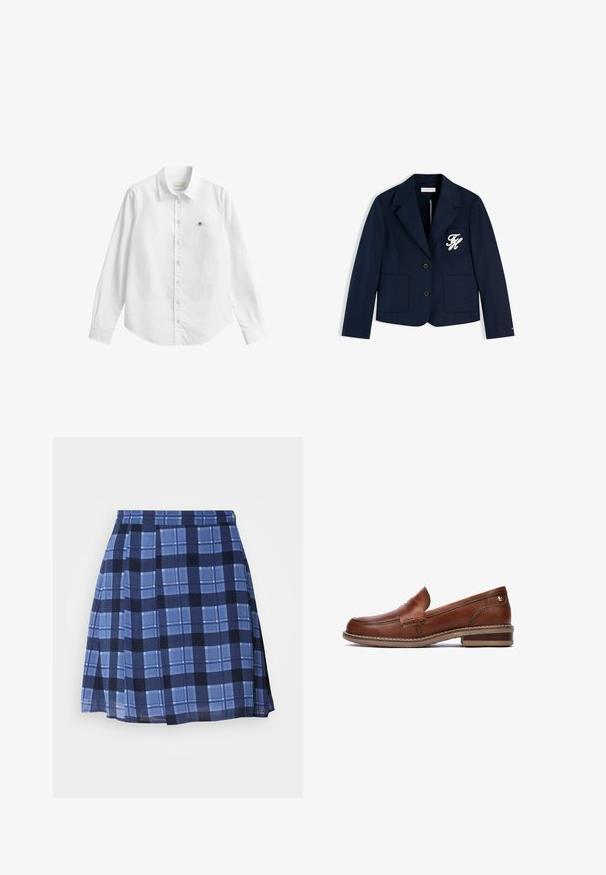 Mørkeblå blazer med to forlommer, to knapper og hvide broderede initialer på venstre brystlomme.; Hvid skjorte med lange ærmer og knapper lavet af stof med en let tekstur. Har en frontlomme med en lille broderet logo og en klassisk krave.; Blå ternet nederdel med plisseringer, der indeholder varierende nuancer af blå og mørkeblå mønstre. Lavet af et letvægtsstof og inkluderer subtil branding.; Brune læder loafers med syede detaljer, en lav hæl og en tekstureret gummisål. Har et lille guldfarvet element nær hælen.