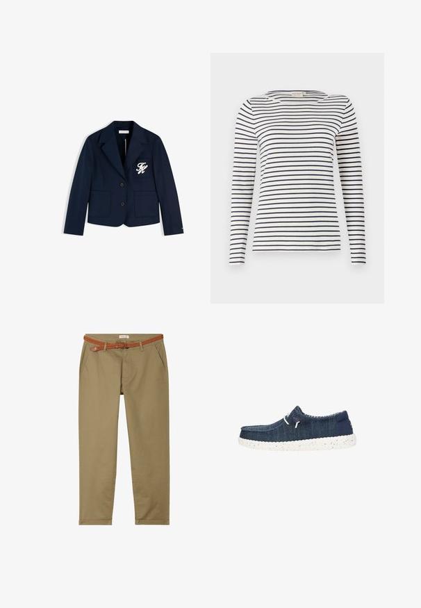 Blazer azul marino con dos bolsillos delanteros, dos botones y iniciales bordadas en blanco en el bolsillo del pecho izquierdo.; Camisa de manga larga a rayas hecha de tela suave, con rayas horizontales en azul marino y blanco, escote redondo y un diseño ajustado.; Chinos beige con un corte ajustado, que incluyen un cinturón de cuero marrón trenzado. La tela es suave, cuenta con bolsillos laterales y dobladillos con puños.; Zapato casual azul marino hecho de tejido texturizado, con suela blanca moteada, punta redonda y cordones elásticos para un fácil uso.