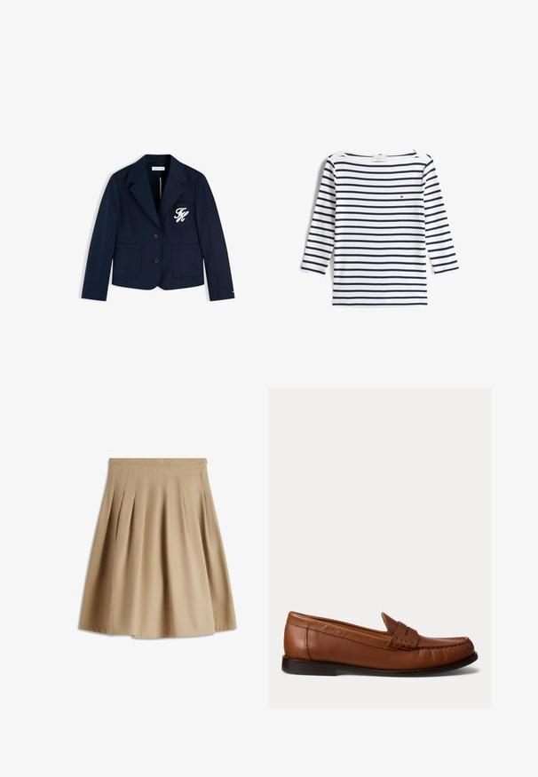 Mørkeblå blazer med to forlommer, to knapper og hvide broderede initialer på venstre brystlomme.; Hvid langærmet skjorte med mørkeblå vandrette striber og et lille rødt, hvidt og blåt logo på venstre bryst.; Beige knælængde plisseret nederdel med bred linning og box-plisseringer, lavet af glat stof, vist på en hvid baggrund.; Brun læderloafer med lav sort hæl, mok-tå-syning og en dekorativ rem over toppen, vist mod en hvid baggrund.