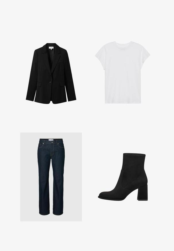 Blazer noir ajusté avec un bouton unique, revers crantés et deux poches avant. Fabriqué à partir d'un tissu lisse avec une silhouette structurée.; T-shirt blanc à manches courtes, col rond, coupe décontractée, en tissu de coton doux. Texture lisse, sans motifs ni logos.; Jean droit en denim bleu foncé avec cinq poches, fermeture par boutons et surpiqûres contrastées, présenté sur un fond uni.; Bottines noires à talon bloc, en suède doux. Elles présentent un bout arrondi et des panneaux latéraux lisses avec des détails de couture.