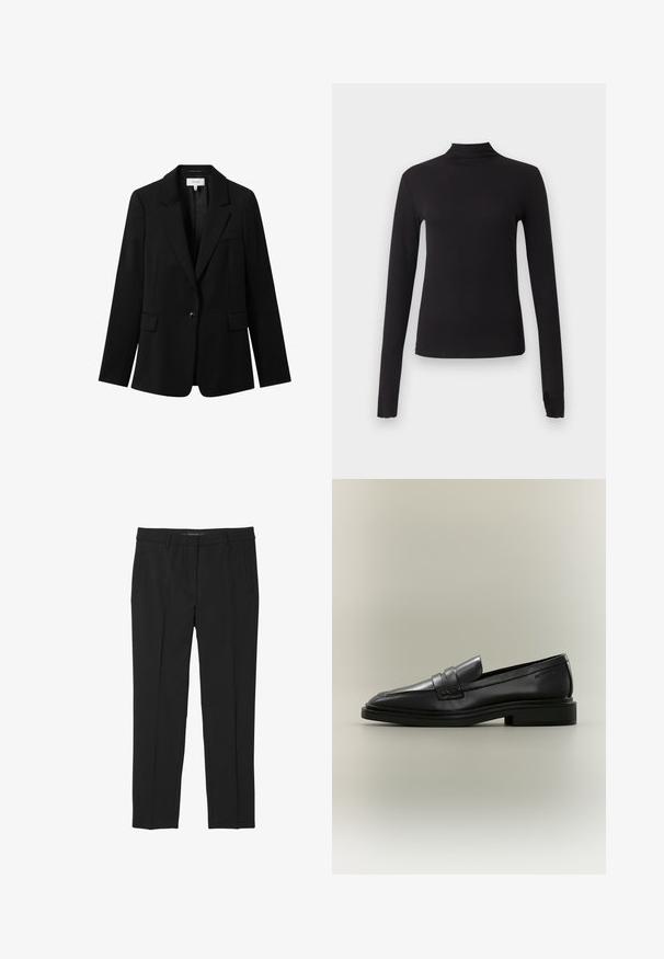 Sort skræddersyet blazer med en enkelt knap, klapkraver og to frontlommer. Fremstillet af et glat stof med en struktureret silhuet.; Sort langærmet tætsiddende top med høj hals, vist på ensartet lysegrå baggrund.; Sort bukser lavet af glat stof, med lige ben, frontlommer og en flad talje med ingen synlige lukninger.; Sort læder penny loafer med lav hæl, rundet tå og syede detaljer på en neutral baggrund.