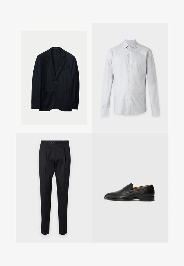 Schwarzer Blazer mit Reverskragen, Zweiknopfverschluss und zwei Fronttaschen. Hergestellt aus glattem Stoff mit dezentem Glanz und tailliertem Schnitt.; Hellgraues langärmeliges Hemd mit Knöpfen und Kragen, von vorne auf weißem Hintergrund gezeigt.; Schwarze Hosen aus einem glatten Stoff, mit einem Faltenwurf vorne, einem Knopfverschluss und umgeschlagenen Säumen am Knöchel.; Schwarze Leder-Slipper mit runder Zehenform, dezenten gestickten Details und niedrigem Absatz, ausgestattet mit glatter Textur und minimalistischem Design.