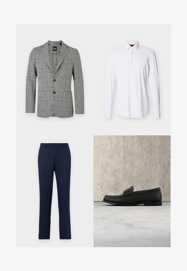 Blazer de hombre a cuadros en blanco y negro con dos botones negros y solapas con muesca, exhibido sobre un fondo blanco.; Camisa blanca de manga larga con botones y patrón de pequeños puntos negros y cuello puntiagudo, mostrada sobre un fondo claro y liso.; Pantalones de corte entallado en azul marino con pasadores para cinturón, cierre frontal con cremallera y ajuste recto sobre un fondo blanco liso.; Mocasín de cuero negro con detalle metálico, exhibido sobre una alfombra beige, con una mesa redonda marrón en el fondo.