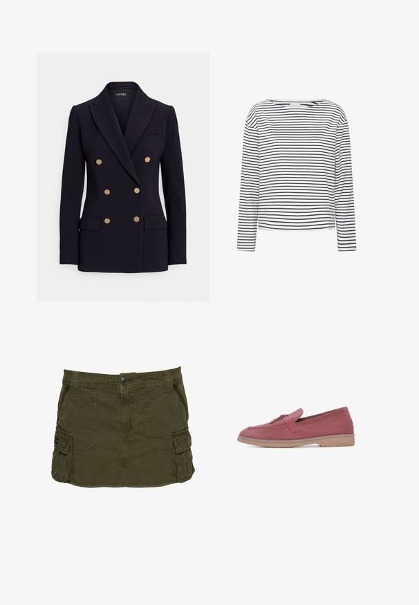 Blazer azul marino cruzado con botones dorados, solapas con muesca, dos bolsillos frontales y un bolsillo en el pecho, con una textura de tela suave.; Camiseta de manga larga con escote barco, hecha de un tejido suave con rayas horizontales en azul marino y blanco. Corte recto y detalles minimalistas.; Falda cargo verde oliva hecha de mezcla de algodón, con bolsillos laterales, costuras visibles y cierre con botón en la cintura.; Mocasines de ante rosa de fácil puesta con puntera redondeada, costuras sutiles y un pequeño lazo en la parte frontal. Suela de goma flexible en color beige.