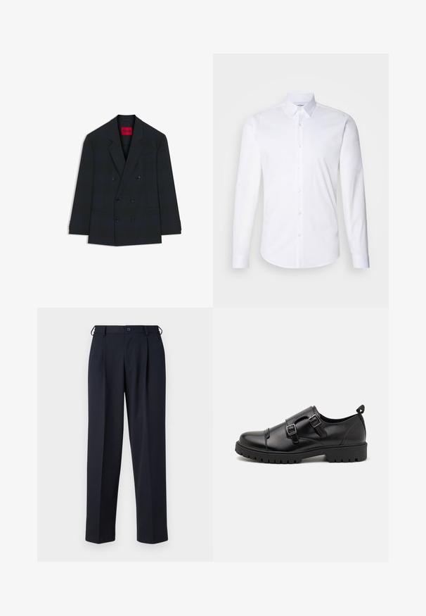 Zwart dubbelgeknopte blazer met zes knopen, innokkelende revers, twee voorzakken en een rood label aan de binnenkant van de kraag met de tekst "HUGO".; Witte lange mouwen knoopshirt gemaakt van gladde katoenstof, met een klassieke kraag, knoopsluiting en een gebogen zoom.; Donkerblauwe op maat gemaakte broek met knoop- en ritsluiting aan de voorkant, riemlussen en zijzakken, getoond op een witte achtergrond.; Pier One Zakelijke loafers - black