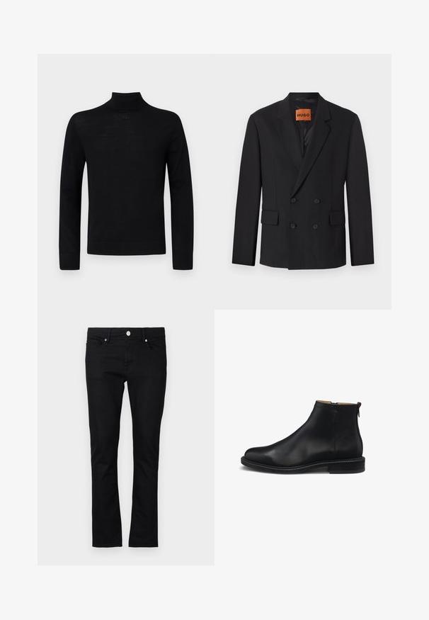 Zwarte dubbelgebreide blazer met notch-lapels, voorzakken en knopen. De stof lijkt glad met een lichte glans. HUGO-label zichtbaar aan de binnenkant.; Zwarte coltrui gemaakt van zachte stof, met lange mouwen en een aansluitende silhouet met een klein rond accentdetail bij de hals.; Zwarte denim jeans met een slim fit, rechte pijpen, vijf-pocket stijl en metalen knoopsluiting, met minimale stikseldetails.; Zwarte leren enkellaars met rits aan de zijkant, glad bovenwerk, lage blokhak en trekkoord aan de achterkant, zijaanzicht tegen een witte achtergrond.