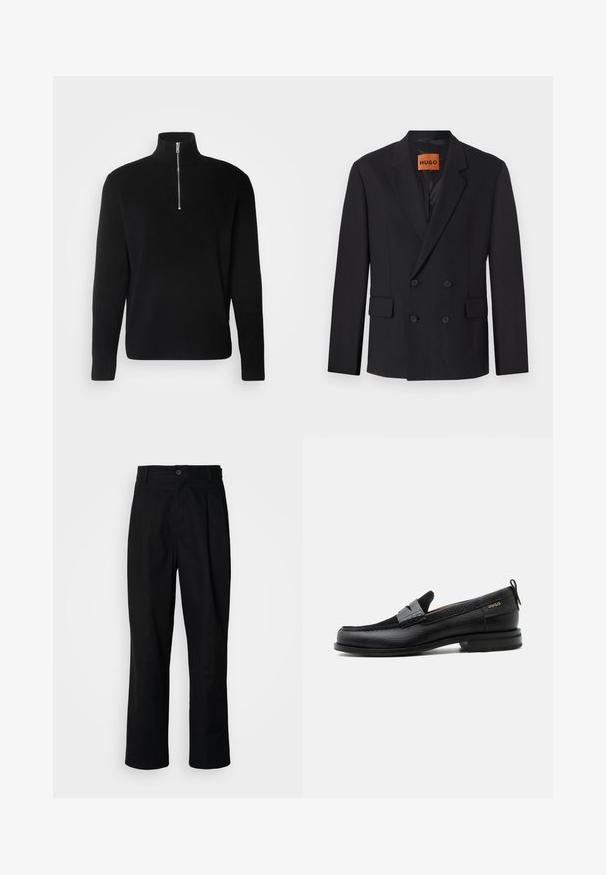 Sort dobbeltradet blazer med klaplommer, forlommer og knapper. Stoffet ser glat ud med en let glans. HUGO-mærket er synligt indvendigt.; Lindbergh HALF ZIP RIB KNIT - Striktrøje - black; Sorte lige ben bukser med en knaplukket talje, bæltestropper og en frontfold, præsenteret mod en ensfarvet hvid baggrund.; Sort læderloafer med grå remdetalje, lav hæl og tekstureret sål, mærket med "HUGO" i guld på siden.