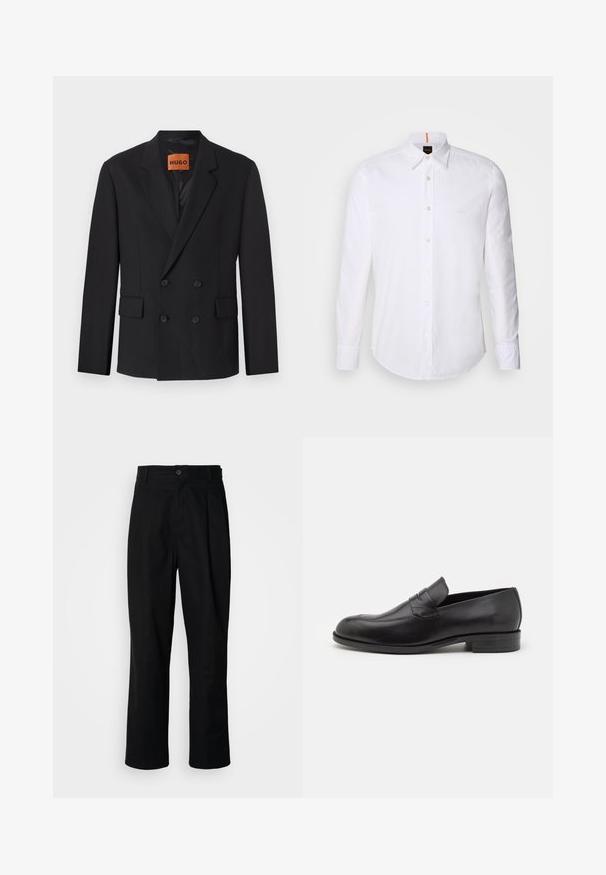 Blazer negro de doble botonadura con solapas muescas, bolsillos frontales y botones. La tela parece suave con un ligero brillo. Etiqueta HUGO visible en el interior.; Camisa blanca de manga larga y corte clásico, hecha de algodón, que presenta un cuello clásico, un logo sutil cerca del pecho y botones blancos.; Pantalones rectos negros con cintura con botones, trabillas para cinturón y pliegue frontal, exhibidos sobre un fondo blanco liso.; Mocasines de cuero negro con punta redondeada y detalles de costura sutiles. Textura suave y tacón bajo con marca en la parte trasera.