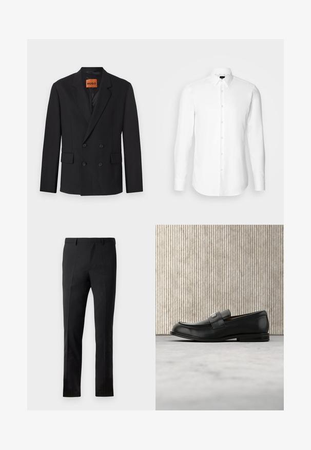Blazer negro de doble botonadura con solapas muescas, bolsillos frontales y botones. La tela parece suave con un ligero brillo. Etiqueta HUGO visible en el interior.; Camisa blanca de manga larga, con cierre de botones en el frente, cuello clásico, confeccionada con una tela suave con una textura sutil, diseñada para un ajuste entallado.; Pantalones negros con un corte ajustado, que presentan un frente plano, dos pliegues, pasadores para cinturón y una textura suave. Sin patrones ni accesorios visibles.; Mocasín de cuero negro con una placa metálica de marca apoyado cerca de una mesa redonda marrón sobre un suelo alfombrado beige.