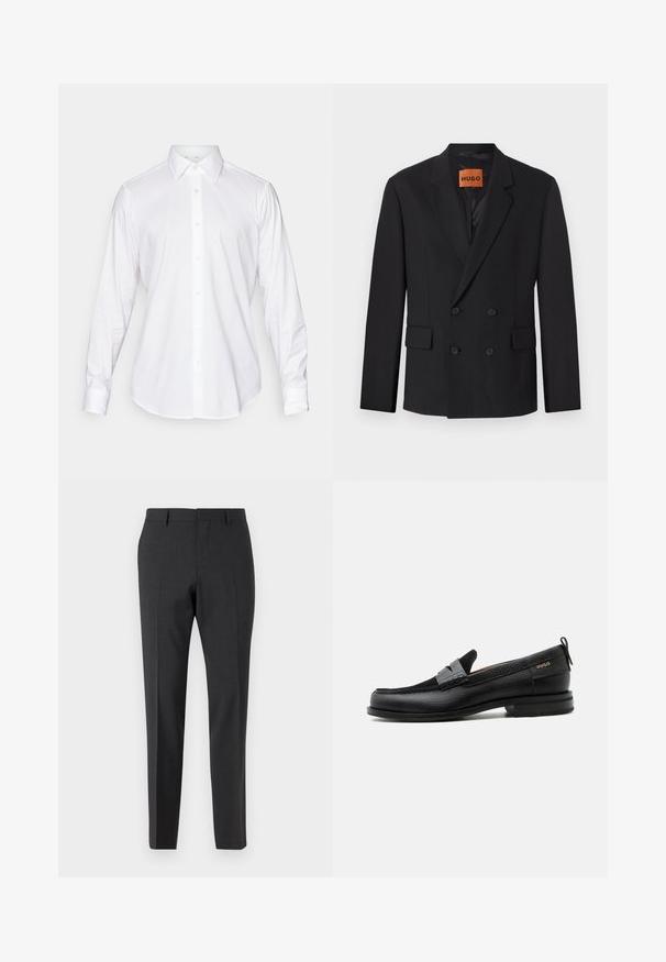 Sort dobbeltradet blazer med klaplommer, forlommer og knapper. Stoffet ser glat ud med en let glans. HUGO-mærket er synligt indvendigt.; Hvid langærmet skjorte med knaplukning, klassisk krave, glat stof og frontplacket med lette, rundede knapper.; Mørkegrå skræddersyede bukser med en glat tekstur, slim fit, flad front og bæltestropper, designet til formelt eller forretningsmæssigt tøj.; Sort læderloafer med grå remdetalje, lav hæl og tekstureret sål, mærket med "HUGO" i guld på siden.