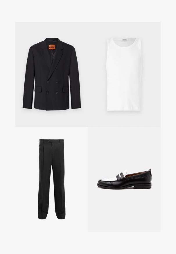 Blazer negro de doble botonadura con solapas muescas, bolsillos frontales y botones. La tela parece suave con un ligero brillo. Etiqueta HUGO visible en el interior.; Camiseta sin mangas de algodón blanco con cuello redondo y una textura suave. Diseño sencillo, sin patrones ni acentos.; Pantalones negros con un diseño de pierna recta, que presentan pliegues, un cierre de un solo botón y trabillas para cinturón. Fabricados con una tela suave.; Mocasín de cuero blanco y negro con detalles cosidos, tacón bajo y diseño tipo slip-on, mostrado de lado sobre un fondo liso.
