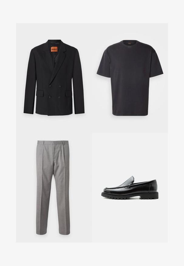 Zwarte dubbelgebreide blazer met notch-lapels, voorzakken en knopen. De stof lijkt glad met een lichte glans. HUGO-label zichtbaar aan de binnenkant.; Zwarte T-shirt met korte mouwen van katoen, met een ronde halslijn en subtiele branding bij de kraag. Gladde textuur met een relaxte pasvorm.; Grijze, gestreepte broek met een getailleerde pasvorm, voorzien van voorplooien, riemlussen en een soepele textuur. Rechtoe rechtaan pijpen, nette boorden.; Zwarte leren loafer met dikke rubberen zool, gestikte bovenkant en gegraveerde merknaam op de hiel, zijaanzicht op witte achtergrond.
