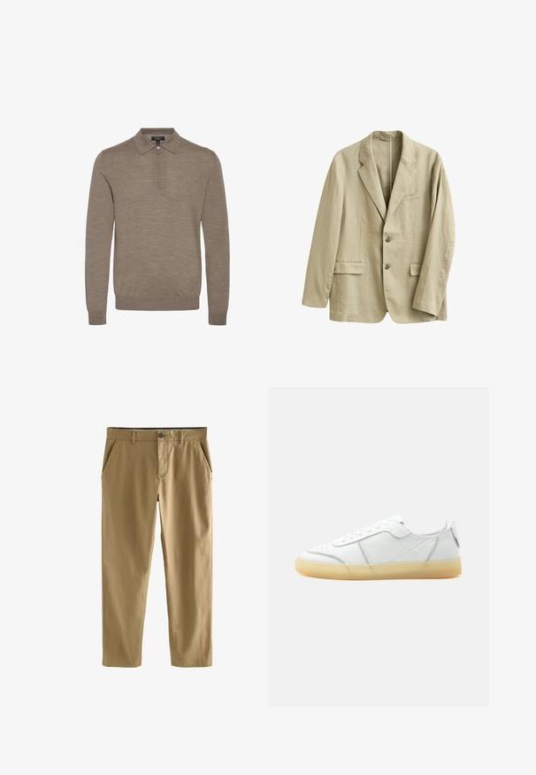 Beige linnedragtjakke med hakrevers, to forlommer med klap, brystlomme og to knapper foran.; Lysebrunt pullover med lynlåskrave, lange ærmer og en blød struktur, lavet af fint strikket materiale.; Beige afslappede bukser med knap- og lynlås-lukning, bæltestropper og forlommer, vist på hvid baggrund.; Hvid lavtop læder sneaker med beige gennemsigtig sål, snørelukning foran og minimal syning, vist fra siden mod en ensfarvet baggrund.