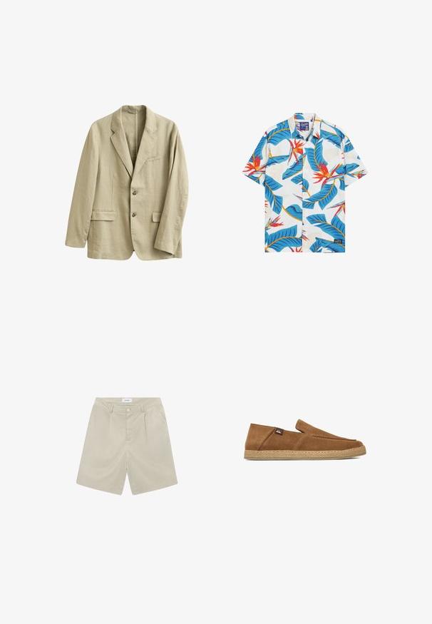 Beige linnedragtjakke med hakrevers, to forlommer med klap, brystlomme og to knapper foran.; Kortærmet skjorte med knapper i hvid, med store blå blade og røde blomster, i en afslappet pasform og subtil tekstur.; Beige skræddersyede shorts med flad front, to sidelommer og en enkelt knappet lukning. Fremstillet af et let og glat stof.; Brun ruskind slip-on sko med flettet jutesål og lille stof logo mærke på siden, vist i sideprofil på hvid baggrund.