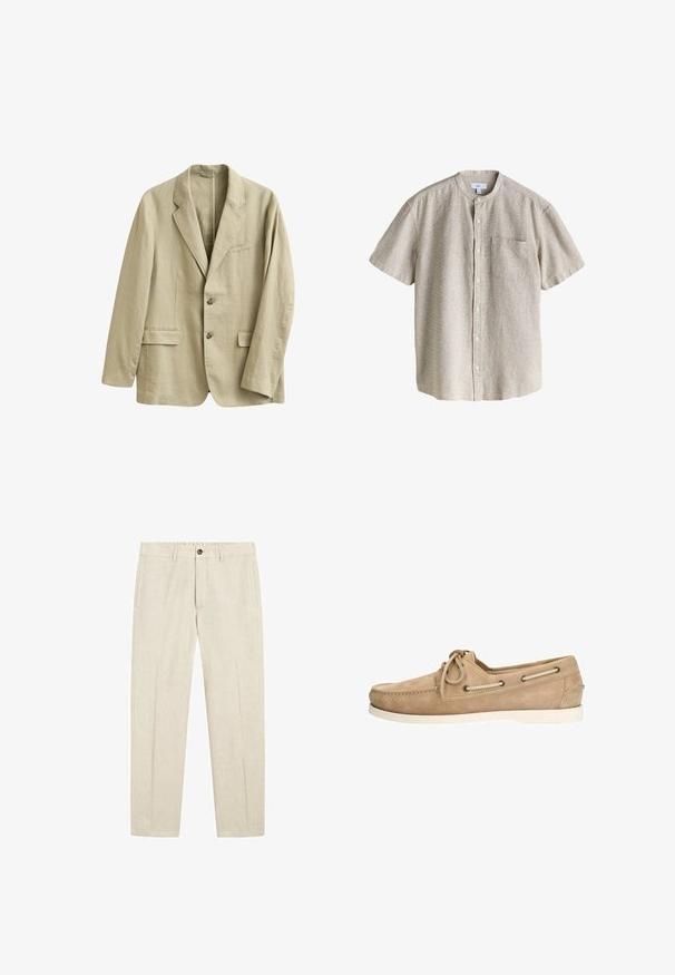 Blazer en lin beige avec revers à encoche, deux poches à rabat à l'avant, une poche poitrine passepoilée, et une fermeture à deux boutons à l'avant.; Chemise beige à manches courtes avec boutons, col mandarin et une poche poitrine, fabriquée en tissu texturé.; Pantalon en lin beige avec fermeture par bouton et zip, poches latérales, passants pour ceinture et coupe droite.; Chaussure bateau en suède beige avec un bout rond, une semelle extérieure en caoutchouc blanche, un design à lacets et des œillets contrastants sur les côtés.