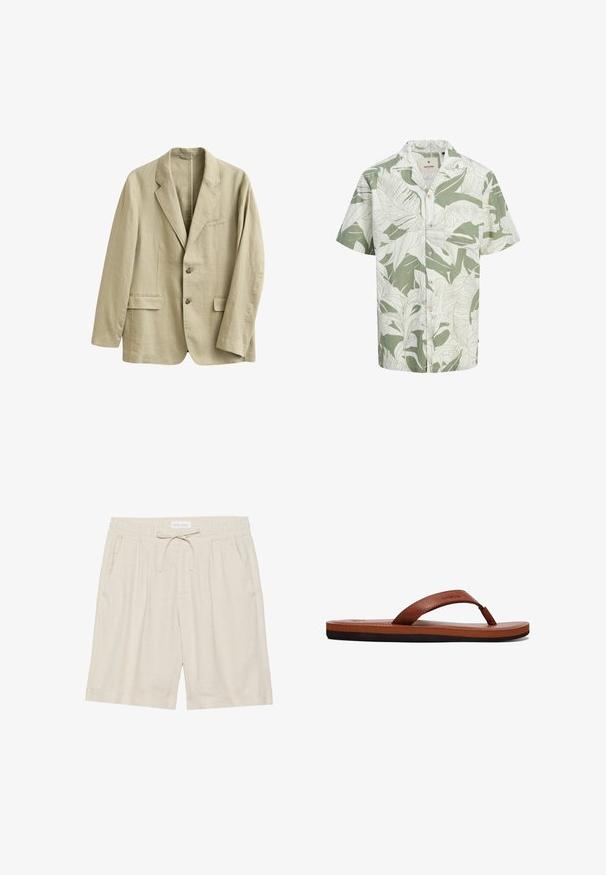 Blazer en lin beige avec revers à encoche, deux poches à rabat à l'avant, une poche poitrine passepoilée, et une fermeture à deux boutons à l'avant.; Chemise à manches courtes, blanche et vert clair, avec un motif de feuilles, dotée d'une poche et d'un col décontracté.; Shorts en lin beige avec taille élastique, cordon de serrage et poches latérales. Coupe décontractée avec jambe droite et ourlet retourné.; Tongs en cuir brun avec une sangle texturée, un coussin de pied et une semelle en caoutchouc noir. Vue de côté mettant en avant le design fin.