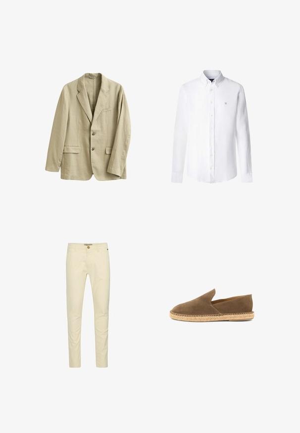 Blazer de lino beige con solapas de muesca, dos bolsillos delanteros con solapa, bolsillo de ojal en el pecho y dos botones en el cierre frontal.; Camisa blanca de manga larga con botones, cuello abotonado y un pequeño logo bordado en azul en el pecho izquierdo.; Chinos de algodón beige con un corte slim, que cuentan con un cierre de botón y un detalle de costura sutil en los bolsillos. Textura suave con un acabado pulido.; Alpargata marrón de ante con suela de yute trenzado y lados bajos, diseñada para uso informal.