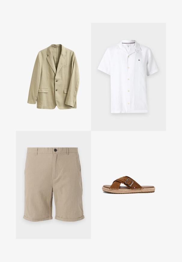 Blazer en lin beige avec revers à encoche, deux poches à rabat à l'avant, une poche poitrine passepoilée, et une fermeture à deux boutons à l'avant.; Chemise blanche à manches courtes avec col campagnard et petit logo Tommy Hilfiger sur le côté gauche de la poitrine.; Shorts en lin beiges avec fermeture à bouton, devant plat, poches latérales et ourlets roulés, présentant un tissu texturé pour la respirabilité.; Sandale mule en daim marron avec semelle en jute tressée, bride à boucle ajustable et détail subtil en tissu rouge, blanc et bleu sur le côté.