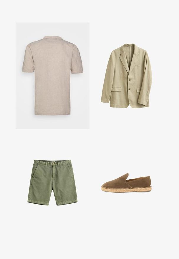 Blazer en lin beige avec revers à encoche, deux poches à rabat à l'avant, une poche poitrine passepoilée, et une fermeture à deux boutons à l'avant.; Chemise en lin beige à manches courtes avec un col, dotée d'un tissu texturé et d'un ourlet droit, sans motifs visibles ni accents.; Shorts décontractés vert olive avec poches avant, passants pour ceinture, et une fermeture à bouton unique.; Espadrille marron en daim à enfiler avec semelle en jute tressée et côtés bas, conçue pour un usage décontracté.