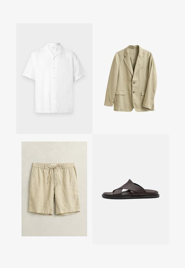 Blazer en lin beige avec revers à encoche, deux poches à rabat à l'avant, une poche poitrine passepoilée, et une fermeture à deux boutons à l'avant.; Chemise blanche à manches courtes boutonnée avec col camp, fabriquée en tissu léger, présentée sur un fond uni.; Shorts décontractés beiges mi-cuisse avec taille élastique, cordon de serrage, bouton de fermeture et poches latérales, posés à plat sur un fond clair.; Stuart Weitzman BERKLEY - Mules - espresso