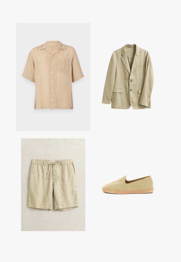 Beige linnedragtjakke med hakrevers, to forlommer med klap, brystlomme og to knapper foran.; Kortærmet beige linnedskjorte med en notch-krave, forlommer og hvide knapper. Struktureret stof, afslappet pasform og lige kant.; Beige afslappede knælange shorts med elastik i taljen, snøre, knaplukning og sidelommer, lagt fladt på en lys baggrund.; Beige slip-on espadrille med vævet jutesål og lærredsoverdel, designet til afslappet brug og varmt vejr.
