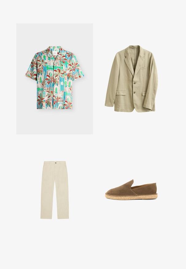 Blazer en lin beige avec revers à encoche, deux poches à rabat à l'avant, une poche poitrine passepoilée, et une fermeture à deux boutons à l'avant.; Chemise à manches courtes boutonnée avec imprimé palmiers tropicaux et arcade en tons verts, bleus, rouges et beiges sur un fond clair.; Pantalon beige droit avec passants de ceinture, bouton à l'avant, braguette zippée et poches latérales, posé à plat sur fond blanc.; Espadrille marron en daim à enfiler avec semelle en jute tressée et côtés bas, conçue pour un usage décontracté.