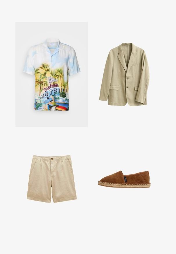 Beige linnen blazer met ingesneden revers, twee klepzakken aan de voorkant, een borstzak en twee knopen aan de voorzijde.; Korte mouwen overhemd met knopen in lichte stof, versierd met een tropische print van palmbomen, zonsondergangkleuren en een "Falcon Motel" grafisch ontwerp.; Beige katoenen shorts met knoop aan de voorkant, ritssluiting, lussen voor een riem en zijzakken, ontworpen voor casual gebruik.; Bruine suède instapschoen espadrille met een ronde neus, natuurlijke jute zool en stiksels langs de rand. Geen zichtbare merknaam behalve een klein label.