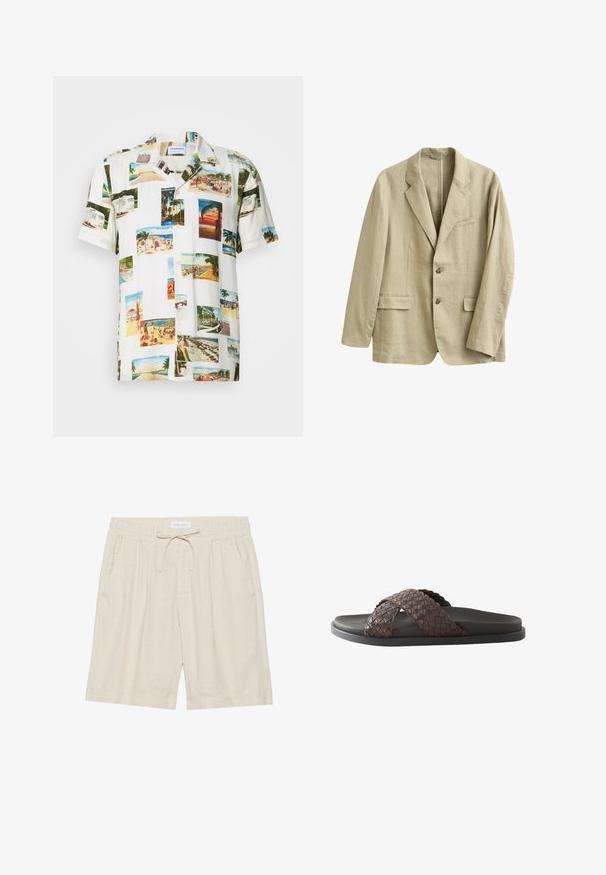 Blazer de lino beige con solapas de muesca, dos bolsillos delanteros con solapa, bolsillo de ojal en el pecho y dos botones en el cierre frontal.; Camisa blanca de manga corta que presenta un collage de fotografías de paisajes tropicales en varios colores. Tejido ligero, cierre frontal de botones y ajuste relajado.; Shorts de lino beige con cintura elástica, cordón ajustable y bolsillos laterales. Ajuste holgado con pierna recta y dobladillo vuelto.; Sandalia deslizante para hombre de color marrón oscuro con tiras de cuero entrelazadas cruzadas y suela negra sobre fondo blanco.