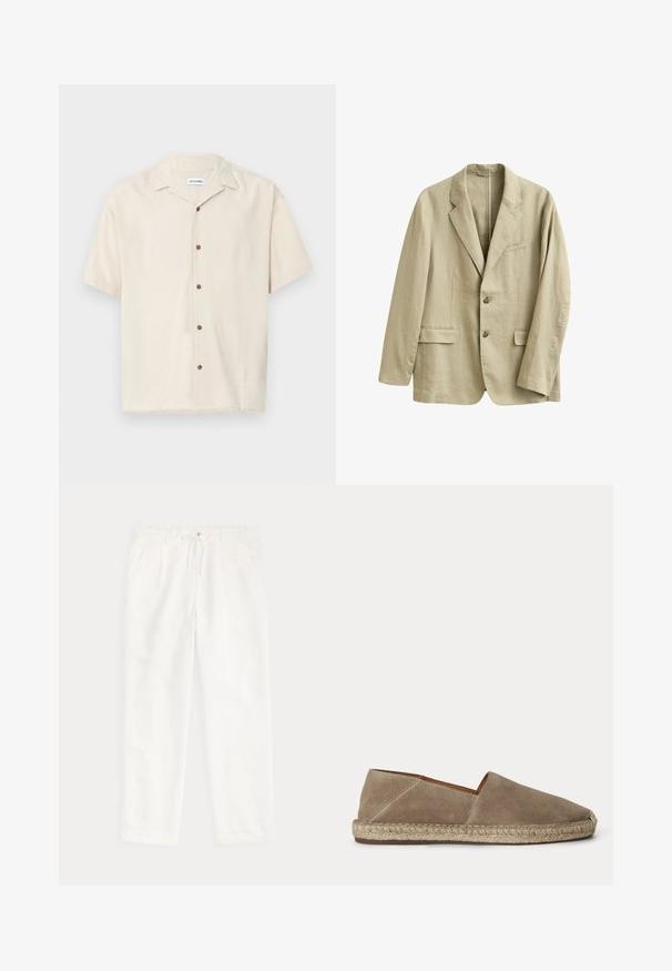 Beige linnedragtjakke med hakrevers, to forlommer med klap, brystlomme og to knapper foran.; Kortærmet beige skjorte lavet af et glat stof. Har en spidse krave og brune knapper foran.; Hvide afslappede bukser med snøre i taljen og sidelommer, vist fladt på en lys baggrund.; Beige ruskind espadrille sko med flettet juttesål og lukket rundet tå, vist fra siden på en ensfarvet baggrund.