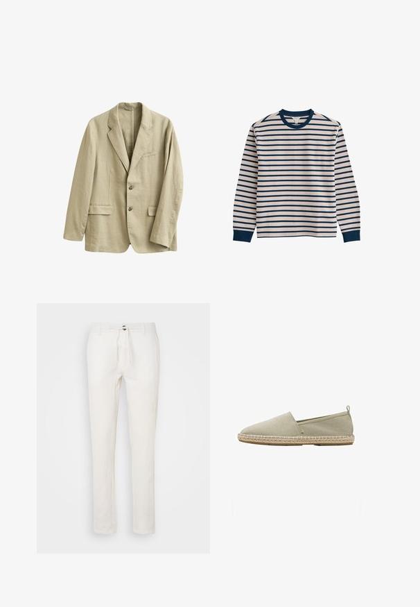 Blazer en lin beige avec revers à encoche, deux poches à rabat à l'avant, une poche poitrine passepoilée, et une fermeture à deux boutons à l'avant.; Chemise à manches longues à rayures horizontales blanc et bleu marine, col ras du cou bleu marine et poignets bleu marine sur fond blanc.; Pantalon en lin blanc avec taille à cordon, coupe droite et texture subtile. Pas de poches ni de motifs visibles.; Espadrille beige en toile à enfiler avec semelle en corde tressée et petite boucle au talon, vue de profil sur fond blanc.