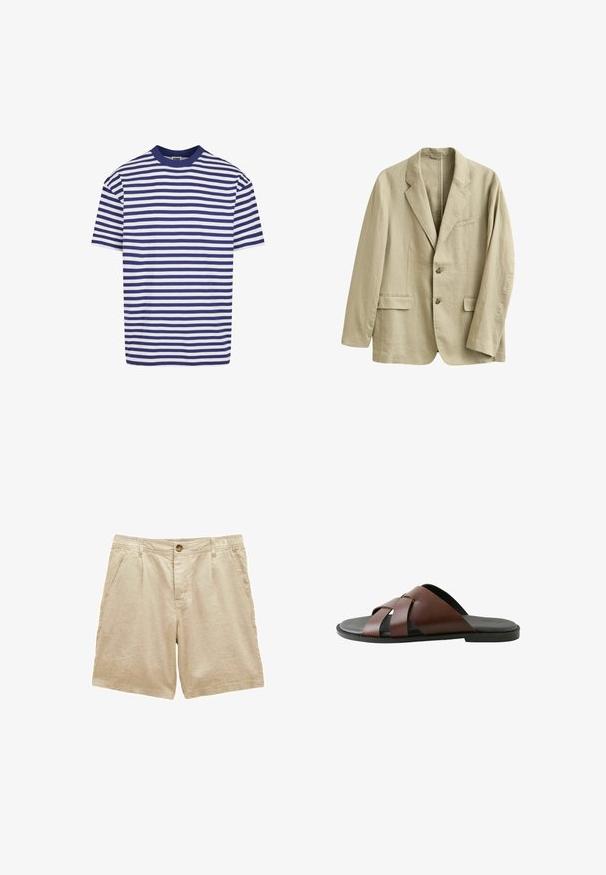 Beige linnedragtjakke med hakrevers, to forlommer med klap, brystlomme og to knapper foran.; T-shirt med korte ærmer i striber med marineblå og hvide vandrette striber, rund halsudskæring, afslappet pasform og blødt bomuldsstof.; Beige bomuldsshorts med knapper foran, lynlås, bæltestropper og sidelommer, designet til afslappet brug.; Herrebrun lædersandal med krydsede remme og sort sål, vist i profil mod hvid baggrund.