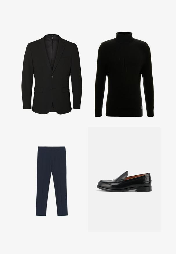 Zwarte enkelrijige herenblazer met inkeping revers, twee voorzakken met klep, één borstzak en twee knopen.; Zwart coltrui met lange mouwen, geribbelde textuur, aansluitende silhouette en klein merklabel aan de onderkant links.; Marineblauwe formele broek met een getailleerd ontwerp, een gladde textuur en twee voorzakken, met strakke lijnen en een rechte pasvorm.; Zwarte gepolijste leren instap loafer met lage hak en gestikte details langs de neus en zijkanten, zijaanzicht.