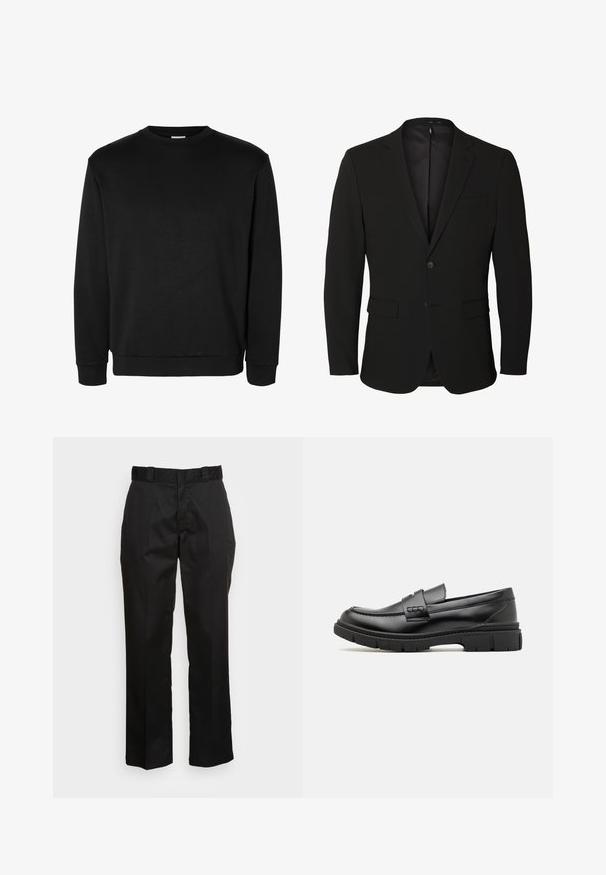Zwarte enkelrijige herenblazer met inkeping revers, twee voorzakken met klep, één borstzak en twee knopen.; Zwarte lange mouwen crewneck sweatshirt met geribde boorden en zoom, eenvoudig ontwerp zonder zichtbare logo's of patronen.; Zwarte broek van een gladde stof, met een rechte pijp ontwerp, riemlussen en twee zijzakken. Klassieke uitstraling zonder versieringen.; Zwarte leren instapper met een brede band over de voet, rubberen zool met dikke noppen en een gladde textuur. Klassiek, strak ontwerp.