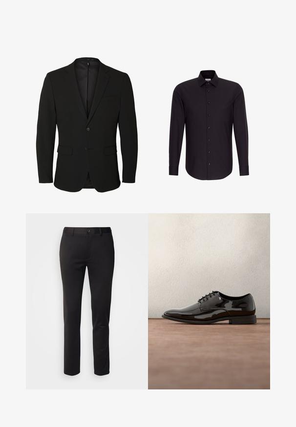Blazer noir pour homme, boutonné simple, avec des revers crantés, deux poches avant à rabat, une poche poitrine et deux boutons.; Chemise noire à manches longues avec col pointu et poignets boutonnés, présentée sur un fond blanc.; Pantalons noirs en tissu lisse, avec une coupe droite, fermeture à bouton à l'avant et passants de ceinture, présentés sur un fond blanc.; Chaussure de dress en cuir verni noir avec un bout arrondi, un design à lacets et une surface lisse et brillante. Dispose d'une semelle en caoutchouc discrète.