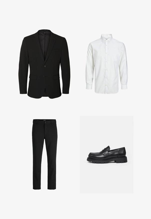 Black single-breasted men's blazer with notch lapels, two front flap pockets, one chest pocket, and two buttons.; White long-sleeve button-up shirt with a pointed collar and buttoned cuffs, displayed on a plain white background.; Black trousers made of sleek fabric, featuring a classic design, straight cut, front button closure, and side pockets.; Black leather loafer with thick ridged sole and penny strap detail, shown in right side profile on white background.