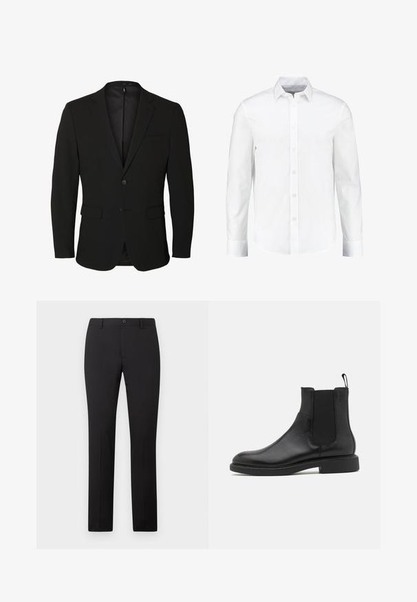 Schwarzer einreihiger Herrenblazer mit Kerb-Revers, zwei vorderen Pattentaschen, einer Brusttasche und zwei Knöpfen.; Weißes langärmliges Hemd mit Knöpfen aus glattem Baumwollstoff. Verfügt über einen klassischen Kragen und eine durchgehende Knopfleiste mit geradem Saum.; Schwarze, maßgeschneiderte Hose mit geradem Bein, ausgestattet mit Knopfverschluss und Gürtelschlaufen. Hergestellt aus glattem Stoff ohne sichtbare Muster.; Schwarze Leder-Ankle-Boots mit glatter Textur, elastischen Seitenpaneelen und einer Zuglasche. Runde Zehenpartie und flache Gummisohle mit minimalem Profil.