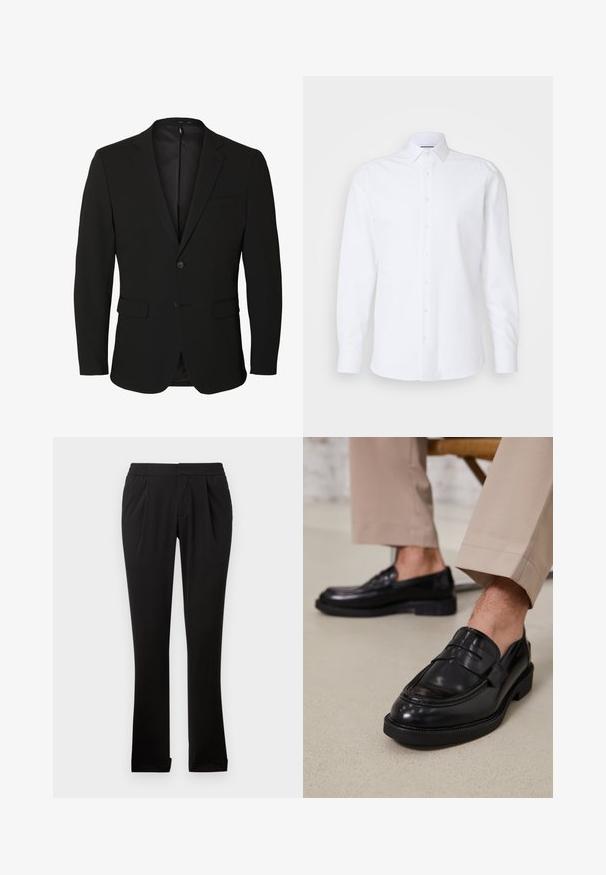 Zwarte enkelrijige herenblazer met inkeping revers, twee voorzakken met klep, één borstzak en twee knopen.; Witte lange mouwen button-up shirt gemaakt van gladde katoen. Bevat een klassieke kraag, een voorkant met knopen en een rechte zoom.; Zwarte broeken van gladde stof met een elastische tailleband, rechte pijpen, plooien aan de voorkant en omgeslagen zoom. Eenvoudig en veelzijdig ontwerp.; Zwarte leren loafers met een gladde afwerking, voorzien van een decoratieve band en contrasterende stiksels, gecombineerd met beige broeken.