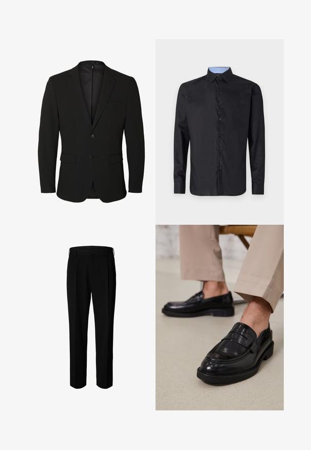 Schwarzer einreihiger Herrenblazer mit Kerb-Revers, zwei vorderen Pattentaschen, einer Brusttasche und zwei Knöpfen.; Schwarzes Langarmhemd aus glattem Stoff, mit durchgehender Knopfleiste, spitzem Kragen und einem hellblauen karierten Innenkragen.; Schwarze formelle Hose mit Gürtelschlaufen, Frontknopf und Reißverschluss, vor weißem Hintergrund dargestellt.; Schwarze Lederloafers mit glatter Oberfläche, ausgestattet mit einem dekorativen Riemen und Kontrastnähten, kombiniert mit beigen Hosen.