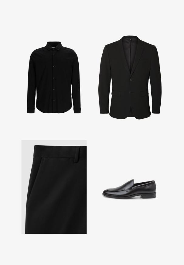 Blazer noir pour homme, boutonné simple, avec des revers crantés, deux poches avant à rabat, une poche poitrine et deux boutons.; Chemise noire à manches longues en tissu lisse, dotée d'un devant à boutons, d'un col et d'un logo brodé subtil sur la poitrine.; Pantalons noirs ajustés avec une texture lisse, dotés d'une taille plate, de poches latérales et d'un design à jambes droites.; Mocassin en cuir noir présentant une silhouette courbée, des détails cousus le long du bord et une semelle en caoutchouc plate pour l'adhérence.