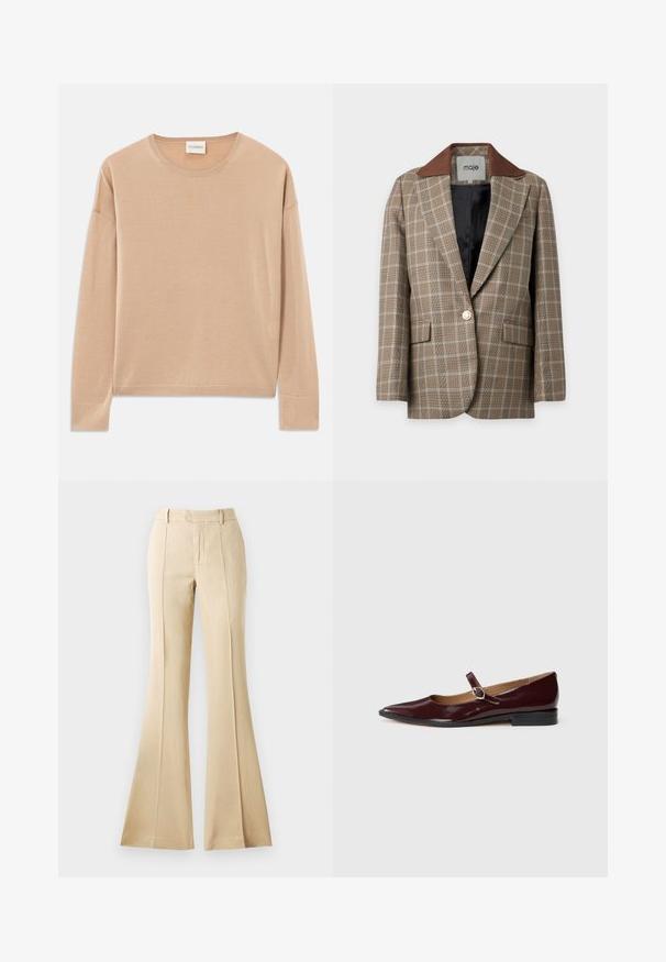 Blazer à carreaux marron et beige avec un large col marron, un bouton blanc unique, des poches à rabat et une doublure intérieure noire, suspendu sur un fond blanc.; Pull à manches longues beige avec un col rond, coupe décontractée et finitions côtelées aux poignets et à l'ourlet. Texture douce et lisse avec un design minimal.; Pantalons évasés beiges en tissu lisse, avec des plis devant, une taille haute et une silhouette épurée et ajustée.; Ballerines en cuir verni bordeaux de type Mary Jane avec un bout pointu, un talon plat et une sangle décorative avec une boucle circulaire.