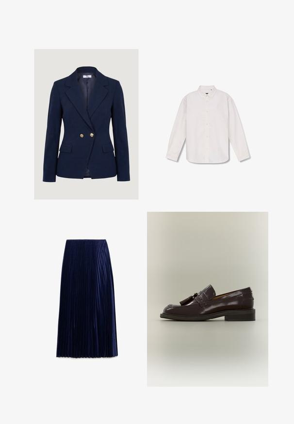 Mørkeblå skræddersyet blazer med to guldknapper, hakrevær, lange ærmer og to forlommer med klap, vist på en ensfarvet baggrund.; Langærmet hvid skjorte med knapper, spids krave, fuld knaplukning foran og enkelt design, lagt fladt på hvid baggrund.; Mørkeblå plisseret midi-nederdel lavet af letvægtsstof med en glat overflade, der har jævnt fordelt lodrette folder og en elastisk talje.; Mørkebrun læderloafer med frynser, lav hæl og synet sål, vist fra siden på en neutral baggrund.