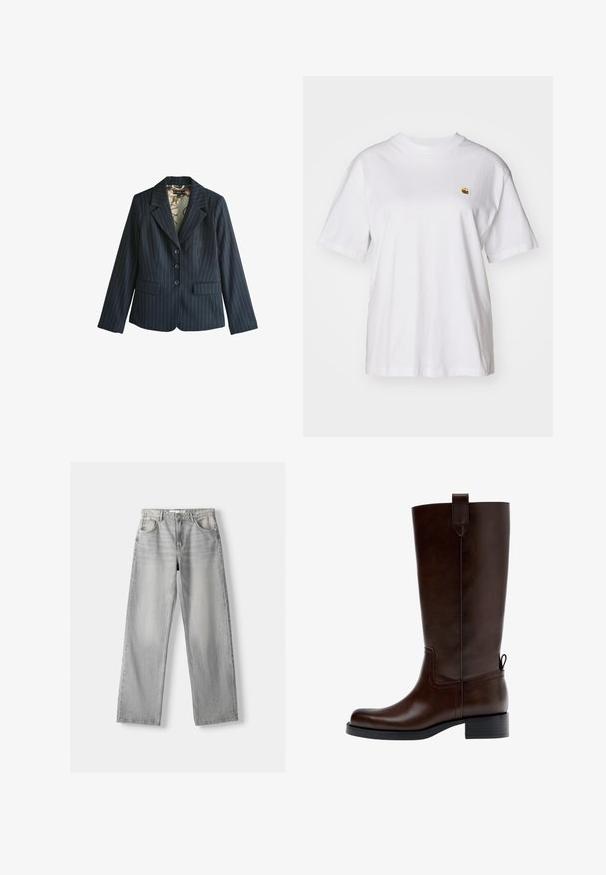 Blazer bleu marine à fines rayures blanches, trois boutons sur le devant, revers crantés et poches à rabat, avec doublure intérieure à motif visible.; T-shirt en coton blanc avec une coupe décontractée, des manches courtes et un petit logo brodé sur la poitrine gauche.; Jean en denim gris clair avec une coupe droite, dotée de deux poches avant, d'un bouton de fermeture et d'un léger délavage pour la texture.; Botte en cuir marron foncé montant jusqu'au genou avec un petit talon bloc, une languette de traction en haut et à l'arrière, et un bout arrondi, vue de profil.