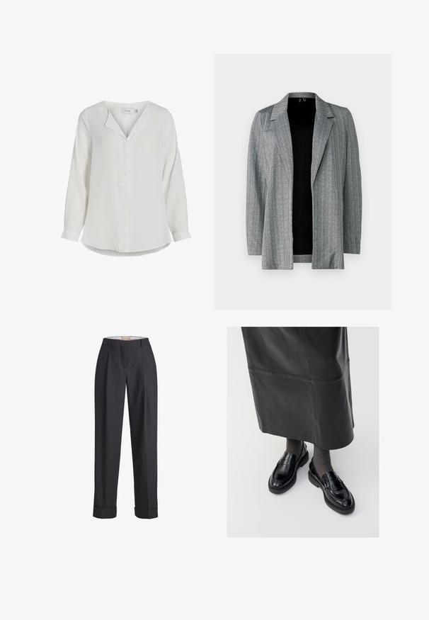 Blazer gris con patrón de espiga, con cuello en pico y apertura frontal. Las mangas largas y la tela texturizada crean un efecto de capas.; Blusa blanca de manga larga hecha de tela suave, con un collar con muesca, una tapeta frontal y un dobladillo curvado.; Pantalones gris oscuro hechos de una tela texturizada, con una cintura alta, pliegues y puños enrollados en los dobladillos.; Mocasines de cuero negro con un acabado suave, que presentan una tira decorativa, puntera redonda y suela texturizada. Llevados con una falda larga de cuero negro.