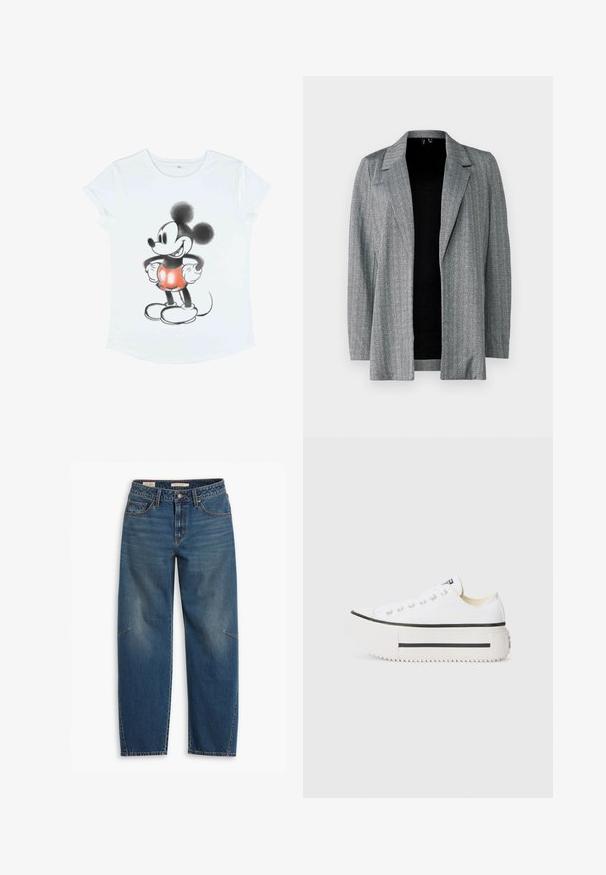 Grå blazer med fiskebensmønster, der har en snippet krave og åben front. Lange ærmer og tekstureret stof skaber et lagdelt udseende.; Hvid t-shirt med korte ærmer, der har et grafisk motiv af Mickey Mouse, illustreret i sort og rød med overdimensionerede ører og runde sko.; Blå denim jeans med en afslappet pasform, der har høj talje, lige ben, synligt syning og en lille detalje på venstre knæ.; Hvide kanvas platform sneakers med sort gummisål, rund tåhætte og metaløjer, der har et enkelt og rent design.