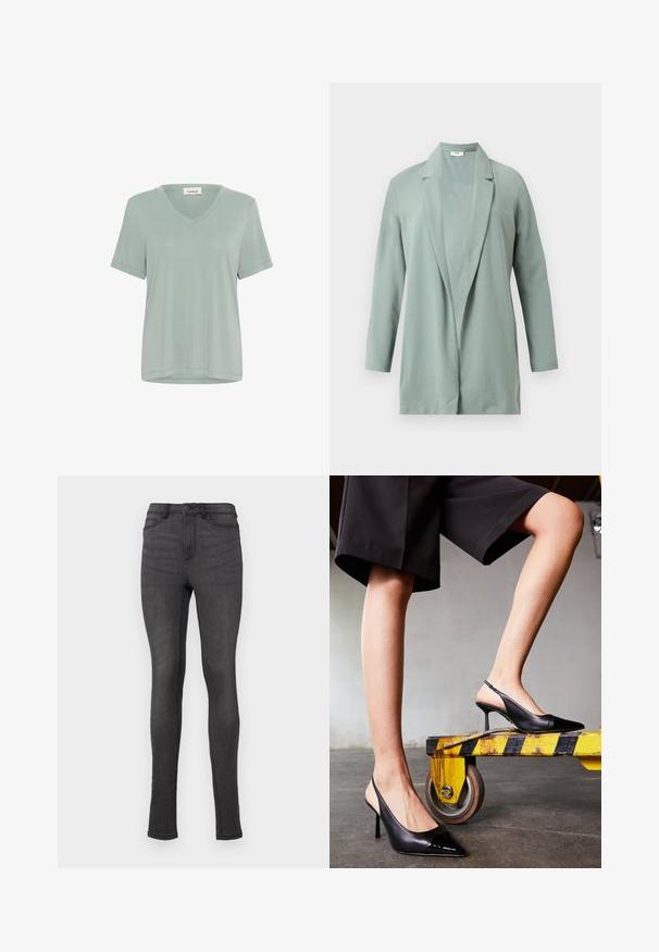 Chaqueta blazer de color verde claro con mangas largas, apertura frontal, solapas con muesca y bajo recto, mostrada sobre un fondo liso.; Camiseta suave de color verde claro con cuello en V y mangas cortas. Fabricada con tela lisa, presenta un corte relajado y detalles de costuras mínimas.; Jeans ajustados de denim gris oscuro, con una cintura alta, presillas para cinturón y un solo botón de cierre. Sin desgastes ni patrones visibles.; Zapatos de tacón negro tipo slingback con puntera afilada, que presentan una tapa de charol brillante. Tacón stiletto, diseño de cuero liso y una silueta minimalista.