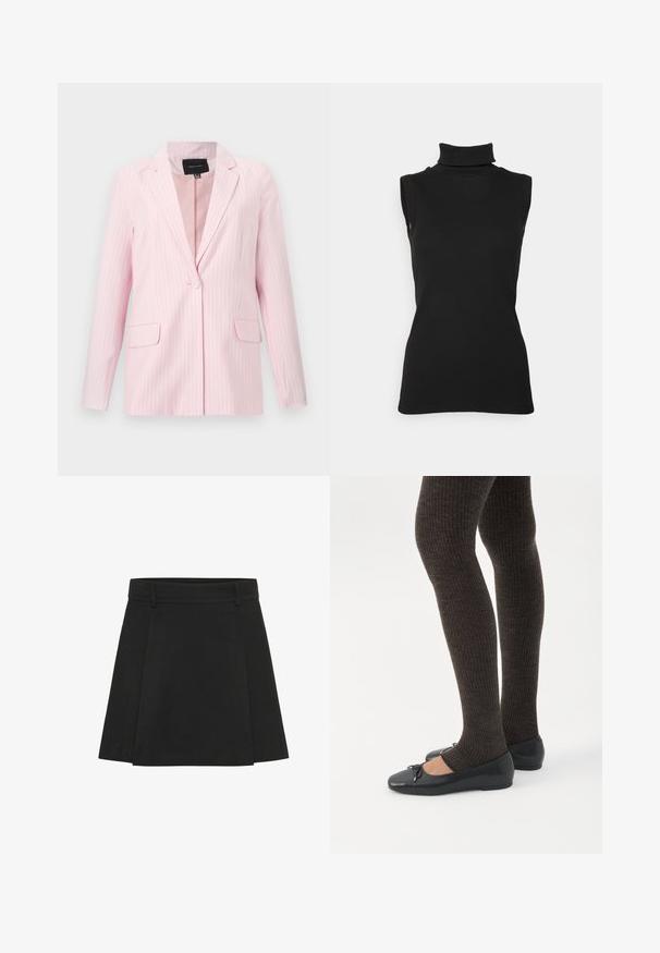 Hele roosa naiste bleiser õhukeste vertikaalsete triipudega, sälklapiga, ühe nupuga kinnitusega ja kahe esise taskuga.; Must mustriga mustata turtleneck-särgid, valmistatud ribakujulisest kangast, kõrge kaelusega ja kehasse kinnitatud siluett. Sujuv tekstuur ja minimaalne disain.; Mustmust, mille struktuurse vöökohtaga. Valmistatud tekstuursed kangast, sellel on eristatavad voldid ja sirge äär.; Jalad seljas tumedad soonelises soonelises kombines mustade baleriinadega, millel on väikesed paelade detailid valgel taustal.