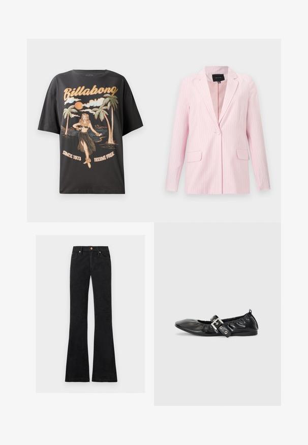 Lyserød damesblazer med tynde lodrette striber, hakkede revers, enkelt knaplukning og to frontlommer med klap.; Sort bomulds t-shirt med et farverigt grafik af en hula danser, palmetræer og teksten "Billabong" i fed skrift.; Sorte jeans med høj talje og vidde ben, lukning foran med knap og lynlås samt design med fem lommer.; Sorte læder flade sko med spids tå, samling detaljer omkring åbningen, og en sølv spænde accent på den justerbare rem.