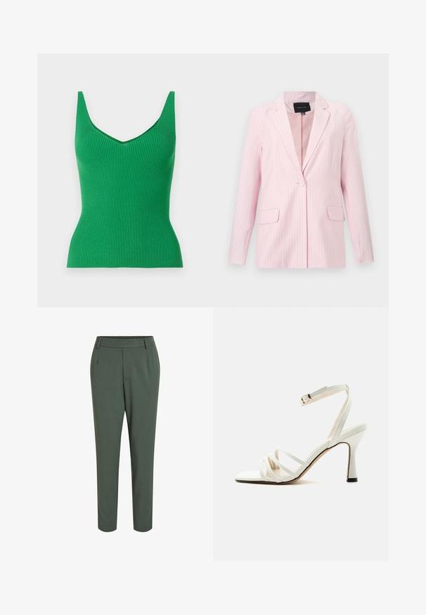 Blazer rosa claro para mujer con finas rayas verticales, solapas con muesca, cierre de un solo botón y dos bolsillos frontales con solapa.; Top de tanque verde con canalé, cuello en V y tirantes anchos. Textura suave, diseño ajustado y color sólido sin patrones ni adornos.; Pantalones tapered verdes con una cinturilla plana, confeccionados con una tela suave, que presentan pinzas delanteras y un acabado limpio en el tobillo.; Sandalia blanca de tacón alto con tres tiras frontales y una correa ajustable en el tobillo con una hebilla dorada.
